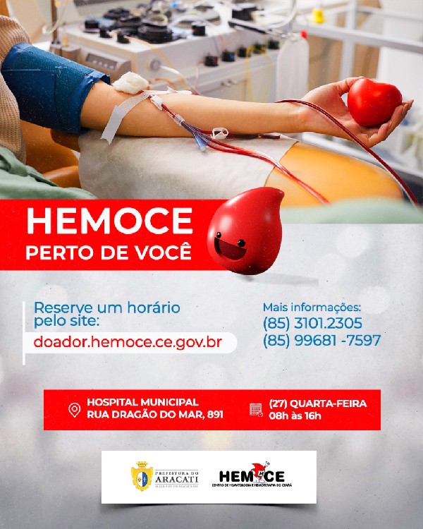 Aracati recebe o HEMOCE para doações de Sangue no Hospital Municipal Eduardo Dias - HMED